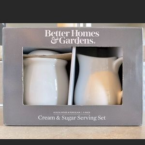 cream and sugar serving set Acacia Wood And Porcelain Better Home & Gardens NEW